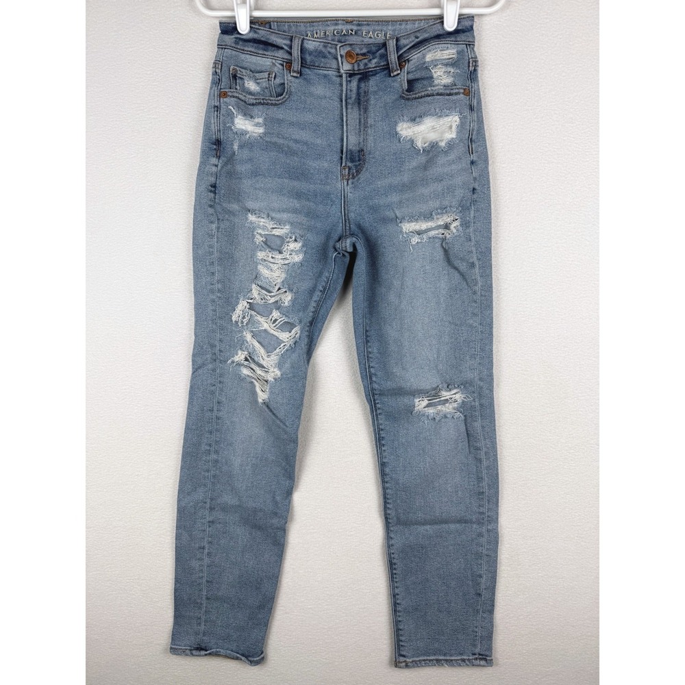 American Eagle Mom Jeans Womens 2 Blue Distressed Ripped Stretch High Rise Denim
